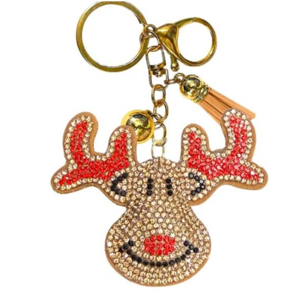 NWT Reindeer Gold & Red Beaded Crystal Keychain Wristlet Sparkly Bag Charm - Picture 1 of 1